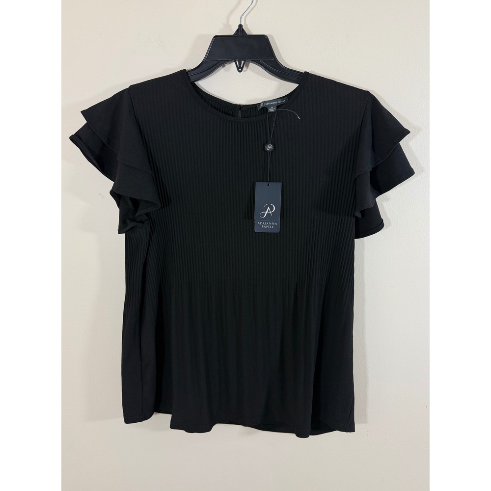 NWT Adrianna Papell Black Pleated Flutter Sleeve Blouse Top Women's M Career